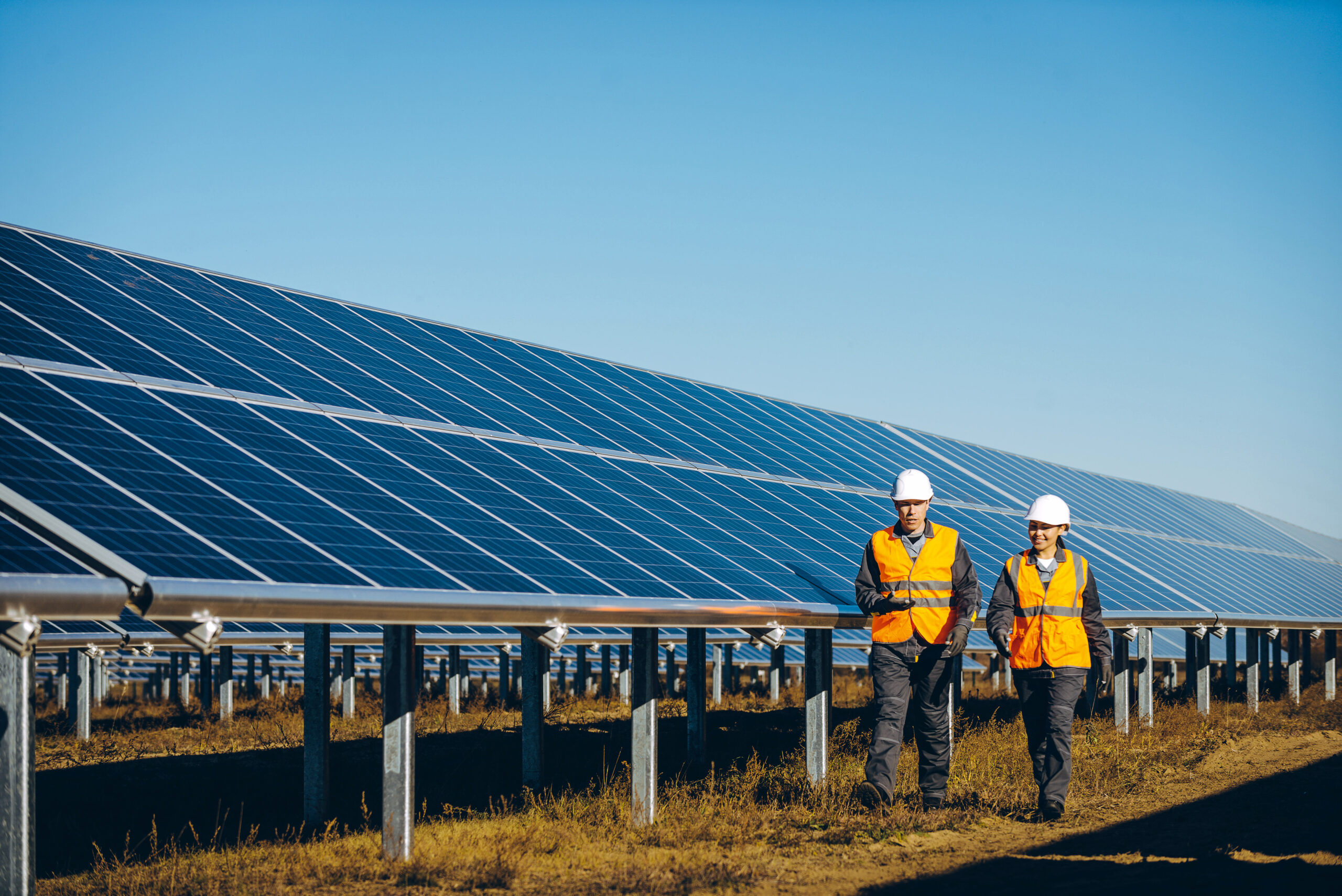 Two workers walking past solar panels.